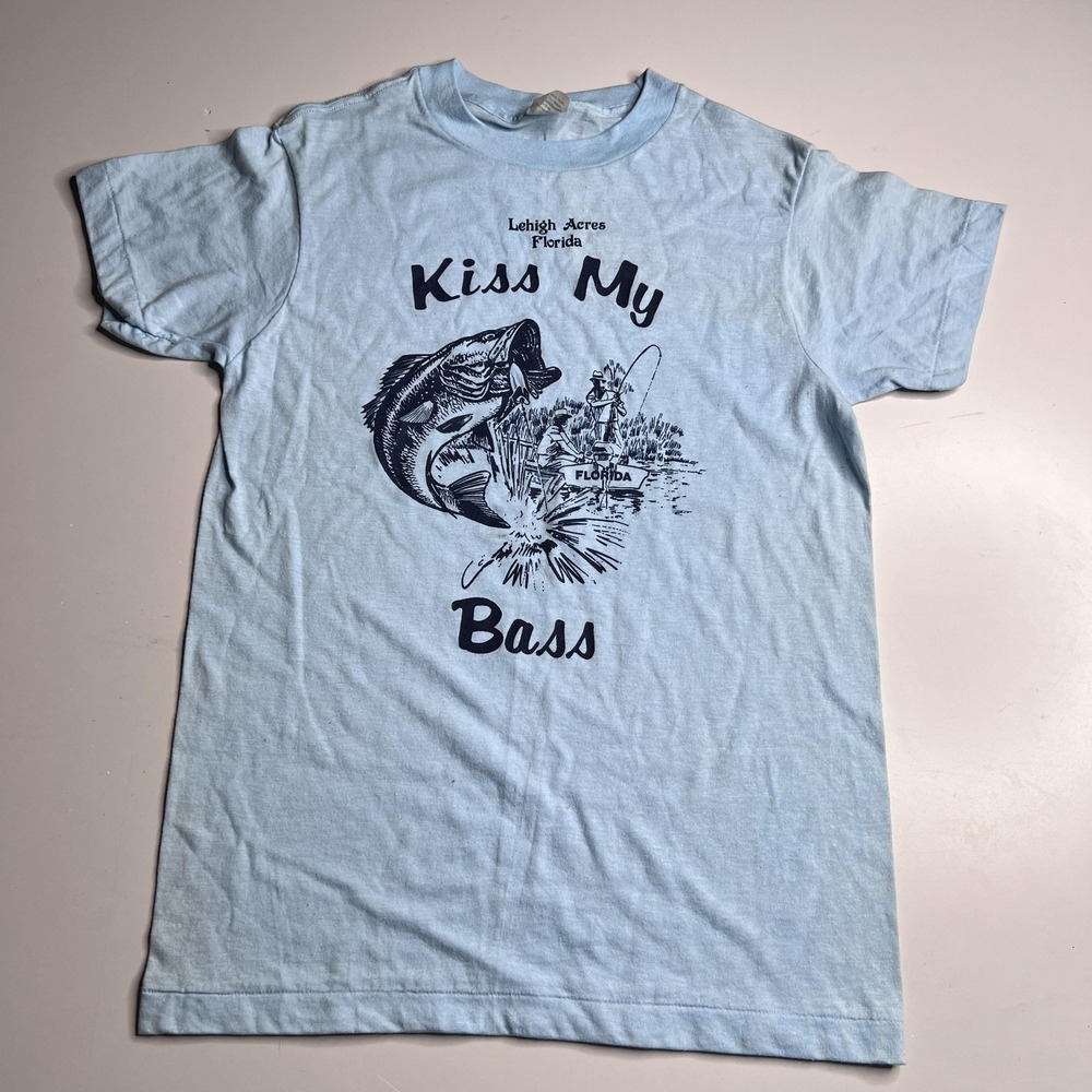 80s Vintage Kiss My Bass Shirt Mens Medium Blue Lehigh Acres‎ Florida Fishing